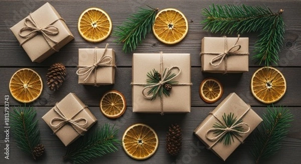 Obraz Wrapped christmas gifts on a wooden table with orange slices and fir branches.