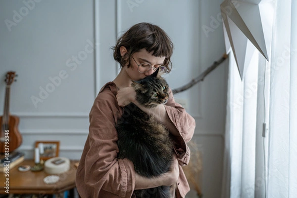 Fototapeta Sad melancholic woman holding cat close, seeking comfort, emotional support. Distressed girl cuddling beloved fluffy cat, standing near window at home. Empathy, connection between humans and animals.
