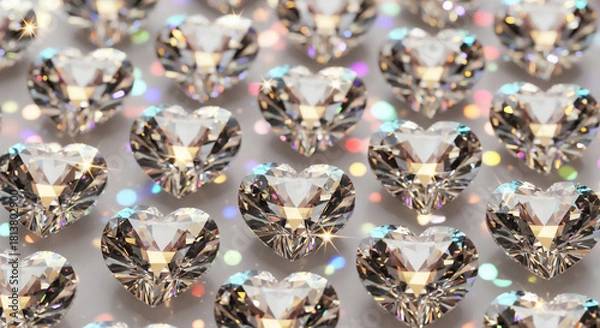 Obraz カラフルな光が反射するハート型クリスタルのキラキラ背景
