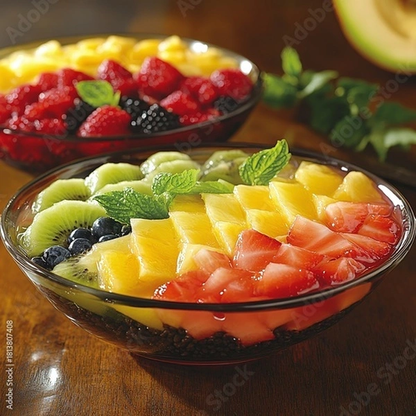 Fototapeta Vibrant Assorted Fruit Salad Featuring Sliced Pineapple, Kiwi, and Berries in Glass Bowls on a Wooden Table