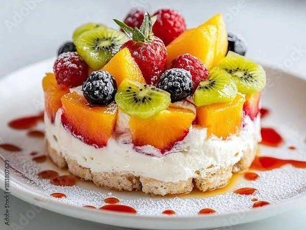 Fototapeta Delicious Fruit-Topped Cheesecake with Kiwi, Peach, and Berries on a White Plate with Drizzled Sauce