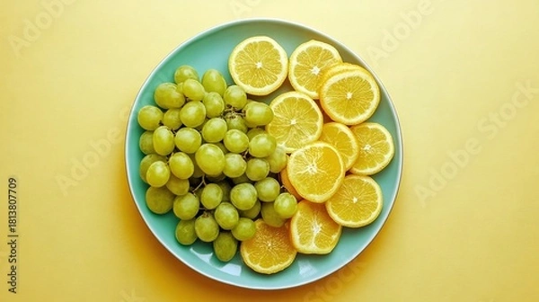 Fototapeta Fresh and Vibrant Fruit Arrangement of Green Grapes and Sliced Oranges on a Blue Plate with Yellow Background