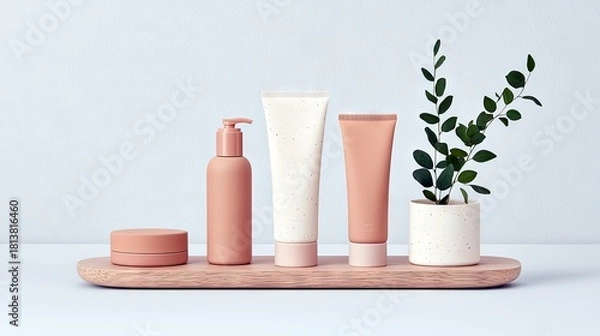 Obraz A collection of minimalist skincare products, including a pump bottle, two tubes, and a jar, are arranged on a wooden tray with a small potted plant.