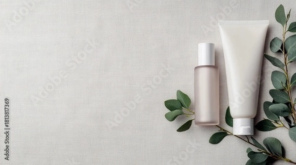 Obraz Two white cosmetic containers, a bottle and a tube, are arranged with fresh eucalyptus branches on a neutral, textured surface.