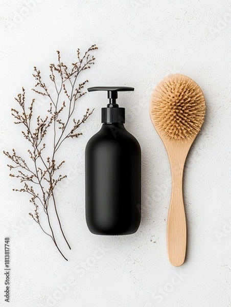 Obraz A black pump bottle and a wooden hairbrush are arranged with dried plant sprigs on a white textured surface.