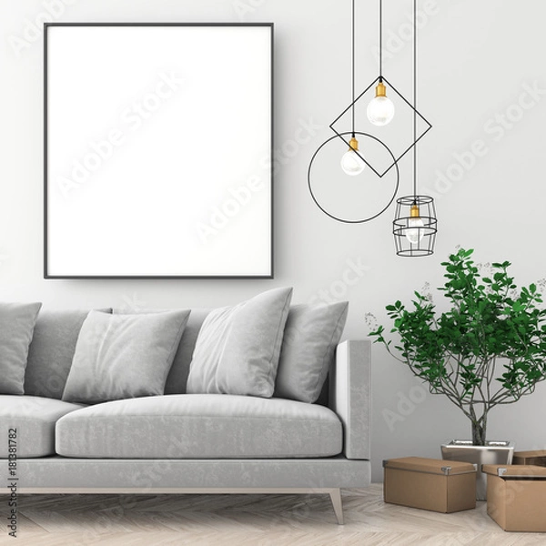 Obraz Mock up poster frame in scandinavian interior with light color wall and old parquet. 3d render