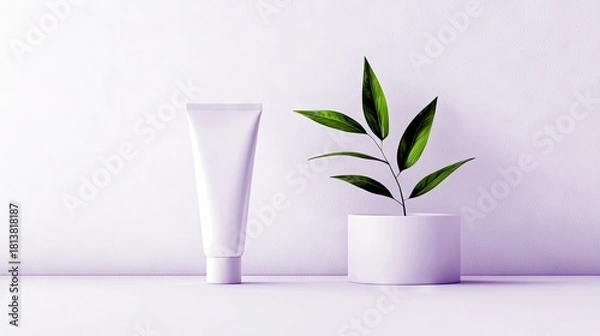 Obraz A clean white cosmetic tube stands beside a small potted plant with green leaves, set against a minimalist purple backdrop.