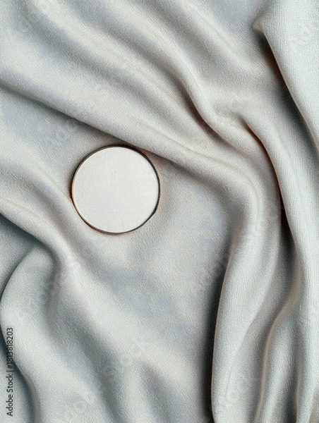 Obraz A close-up, top-down view of a round, white object with a thin gold border resting on softly draped, light gray fabric.
