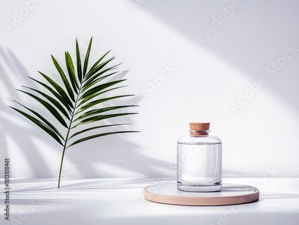 Obraz A clear glass bottle with a cork stopper sits on a wooden coaster next to a green palm frond, with soft shadows on a white wall.