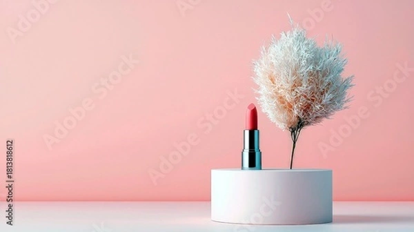 Obraz A single pink lipstick stands upright on a white cylindrical pedestal next to a delicate, fluffy white plant, set against a soft pink backdrop.