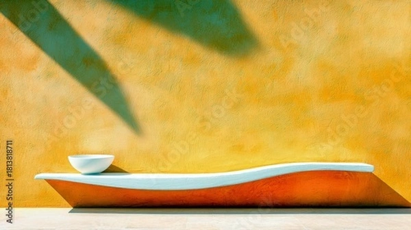 Obraz A minimalist scene featuring a white bowl on a curved orange and white shelf, set against a textured yellow wall with a prominent shadow.
