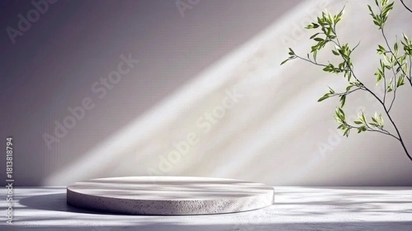 Obraz A clean, modern concrete display podium is bathed in soft, dappled sunlight, with a slender branch of green leaves reaching into the frame.