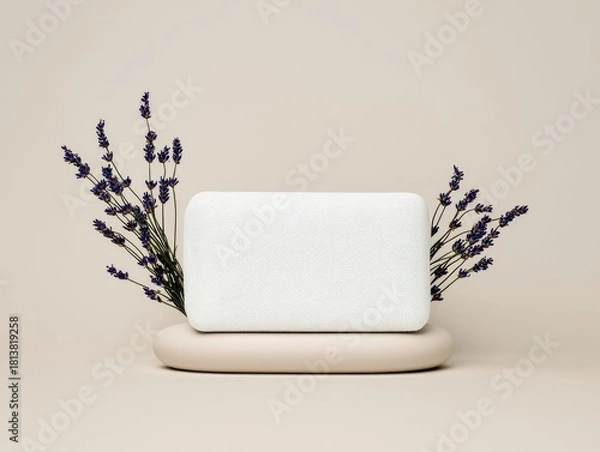 Obraz A white rectangular object, possibly a pillow or soap, is displayed on a beige stand with lavender sprigs on either side.