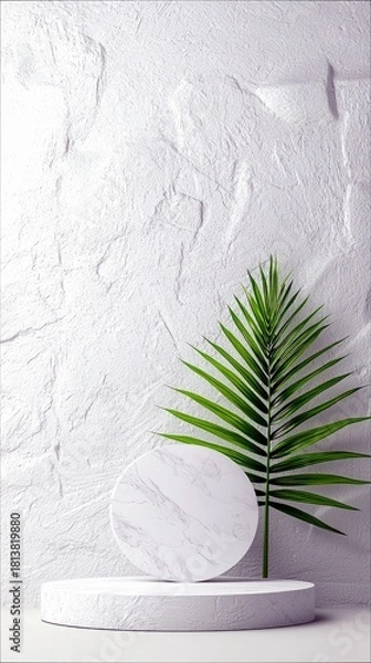 Obraz A minimalist display setup featuring a white textured podium, a marble circle, and a green palm leaf against a textured white wall.