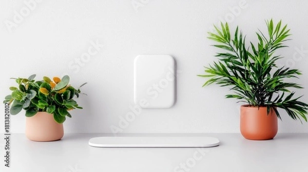 Obraz A clean, minimalist scene featuring two potted plants, a white rounded rectangle on the wall, and a white oblong podium on a white surface.