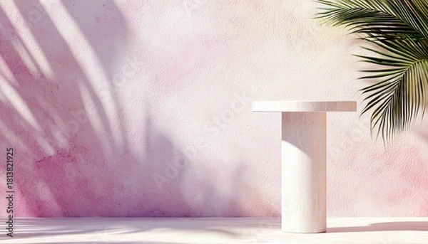 Obraz A simple white cylindrical pedestal stands against a textured pink wall, with dappled palm leaf shadows and a palm frond in the upper right corner.