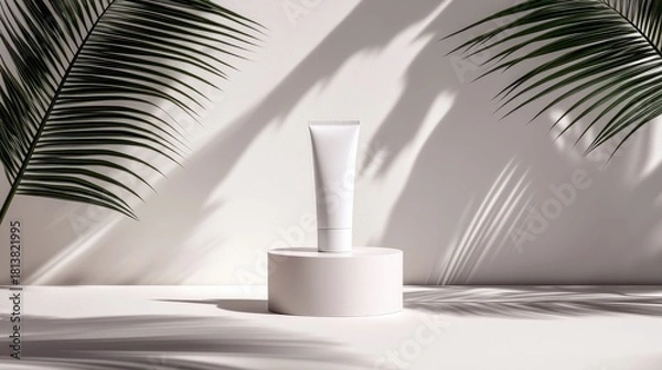 Obraz A white cream tube stands on a round pedestal, surrounded by lush green palm leaves and dramatic shadow patterns on a white background.