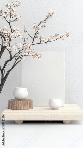 Obraz A serene display featuring delicate cherry blossom branches and two white ceramic vases arranged on a light-colored wooden platform.