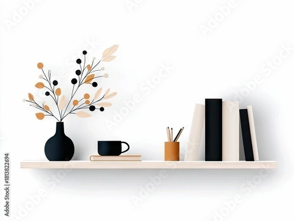 Obraz A clean, modern shelf displays a black vase with a stylized branch, a black coffee cup on a book, and a set of books with pencils.