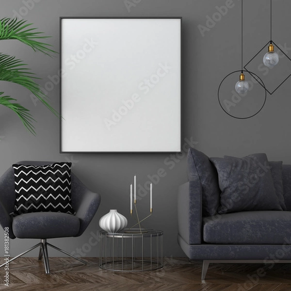 Fototapeta Mock up poster frame in dark interior background with soft furniture, scandinavian style, 3d render