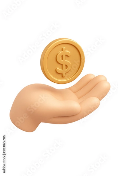 Obraz STYLE 3D render, A hand holding a coin icon, clean palm shape in beige and gold tones, isolated on a transparent background