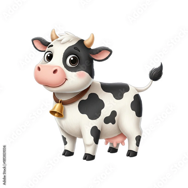 Fototapeta Cartoon Cow With Black And White Spots Wearing A Bell Collar Isolated On A Transparent Background With Soft Lighting
