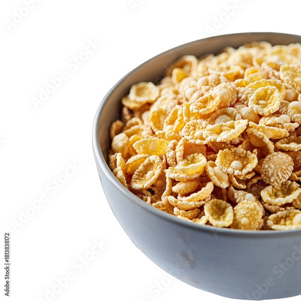 Fototapeta Close Up Of A Grey Bowl Filled With Golden Corn Flakes Cereal Isolated On A Black Background With Soft Lighting
