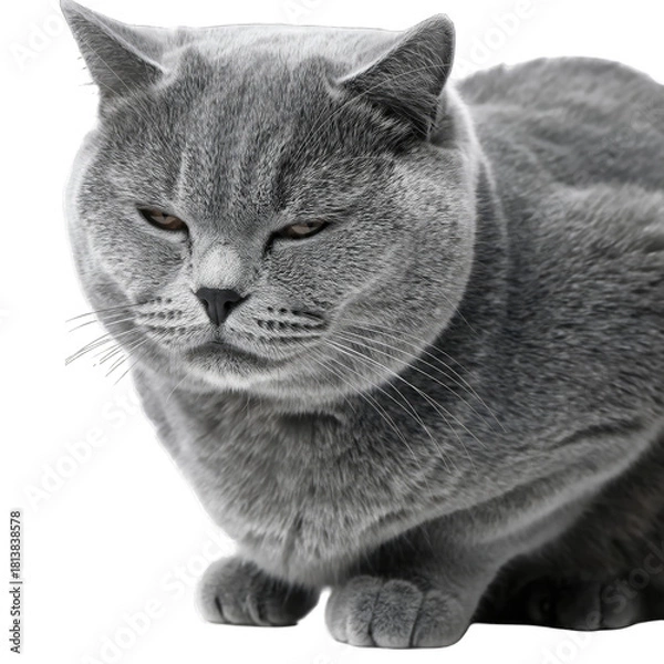 Fototapeta Close Up Of A Grumpy British Shorthair Cat With Snow On Its Face Against A Black Background