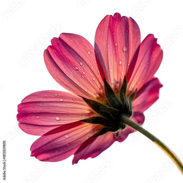 Fototapeta Close Up Of A Pink Cosmos Flower With Dew Drops Illuminated By Backlight And Isolated On A Black Background