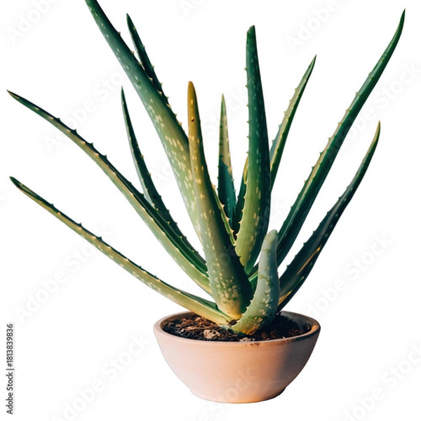 Fototapeta Close Up Of A Potted Aloe Vera Plant With Thick Green Leaves And A White Background Isolated