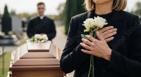 Fototapeta Cropped Shot of Grieving Woman in Black Suit Holding White Roses Against Her Chest at Funeral Service with Closed Coffin in Background.