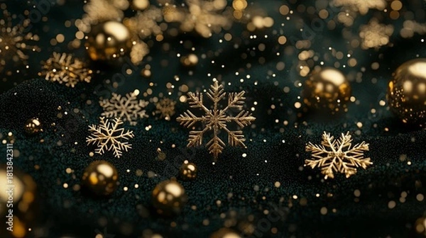 Fototapeta elegant golden snowflakes and golden balls scattered across a dark green background .