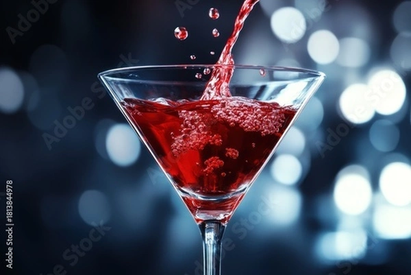 Obraz A vibrant red cocktail is poured into a martini glass, creating a striking visual contrast against the blurred background of bokeh lights.