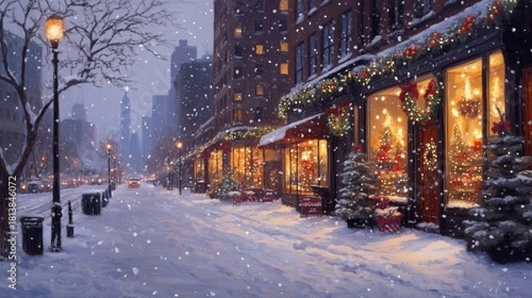 Fototapeta Snowy evening in the city, lights shining from festive storefronts .