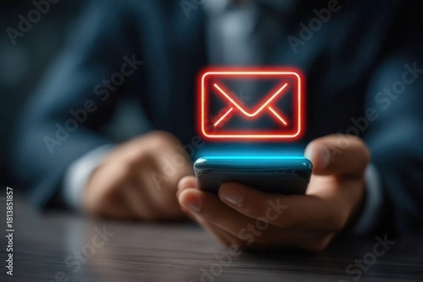 Fototapeta A man is holding a cell phone with an envelope icon on it
