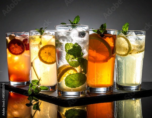 Fototapeta A row of five refreshing iced drinks served in clear glasses with citrus slices and mint leaves. Captured with strong backlighting to highlight clarity, condensation, and vibrant amber tones. Perfect 