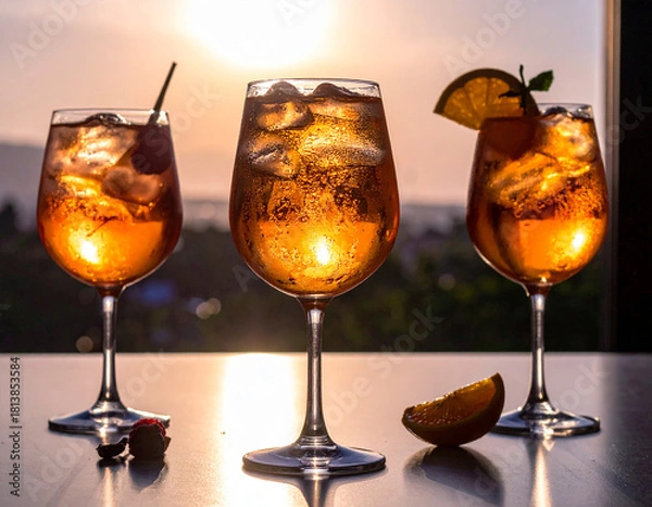 Fototapeta Three elegant golden cocktails in tall glasses, decorated with citrus slices and ice cubes. Captured using side and back lighting to emphasize clarity, reflections, and a warm, luxurious atmosphere. I