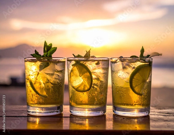 Fototapeta Three glasses of iced lemon drinks arranged outdoors with warm sunset tones. The citrus slices, ice cubes, and clear glasses emphasize freshness and hydration. Perfect for summer, healthy drink, and b