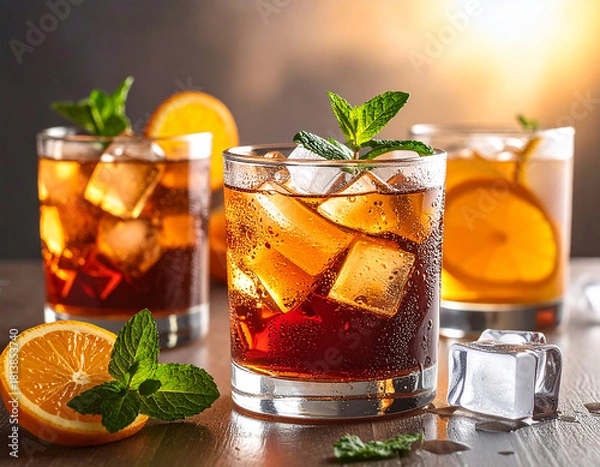 Fototapeta A glass of iced lemon tea with visible lemon slices, ice cubes, and mint garnish. Shot in warm sunset lighting to highlight clarity, freshness, and vibrant amber color. Suitable for beverage ads, summ