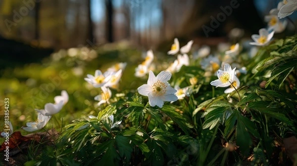Obraz Close Up of White Anemone Flowers in Spring Forest with Blurred Sunlight