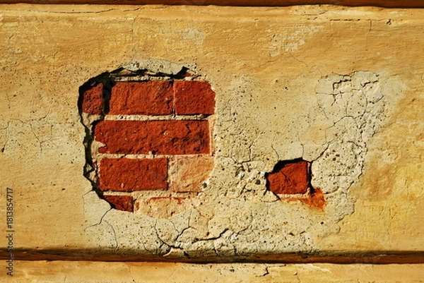 Fototapeta Mur abimé troué avec briques rouges apparentes.