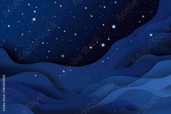 Obraz Dark Blue Night Sky With Starry Pixelated Abstract Clouds and Shining Stars Background