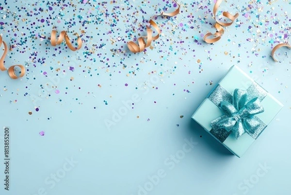 Fototapeta Gift Box with Bow and Confetti on Pastel Blue Background Celebration Concept
