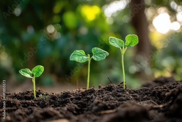 Obraz Emerging Green Sprouts with Fresh Leaves in Sunlight Against Blurry Green Background