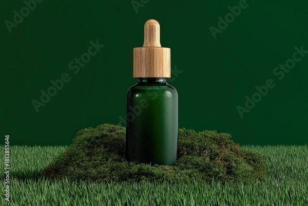 Fototapeta Green Bottle with Wooden Dropper on a Lush Green Surface Against a Dark Green Backdrop
