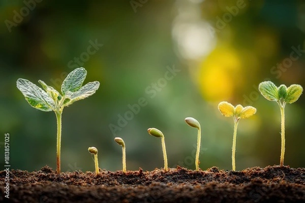 Fototapeta Seedling Growth Stages on Dark Soil Against Blurred Green Background for Ecological and Sustainable Development Concept