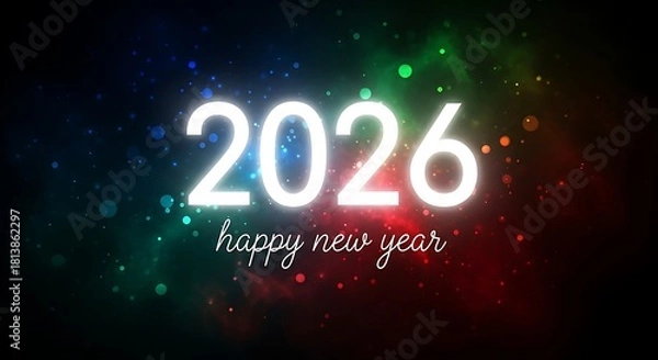 Obraz Happy New Year 2026 with Colorful Nebula and Bokeh Lights celebration holiday