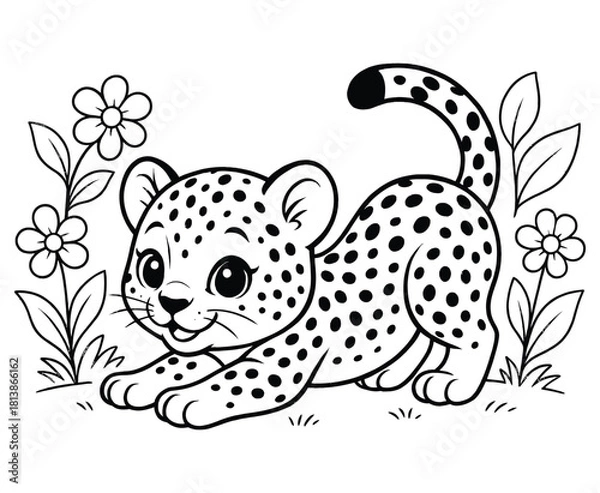Fototapeta Playful cheetah cartoon cub stretching with flowers and leaves in grassy clearing