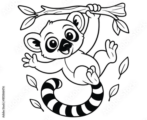 Fototapeta Cute Ring Tailed Lemur Hanging From Branch With Leaves Cartoon Illustration