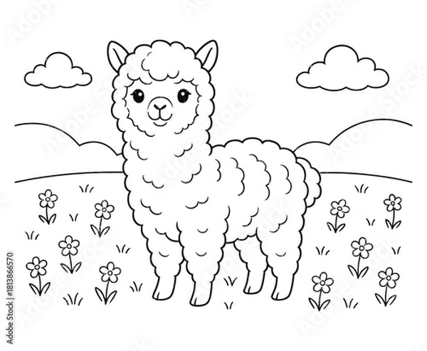 Fototapeta Cute alpaca cartoon standing on meadow with flowers outline vector